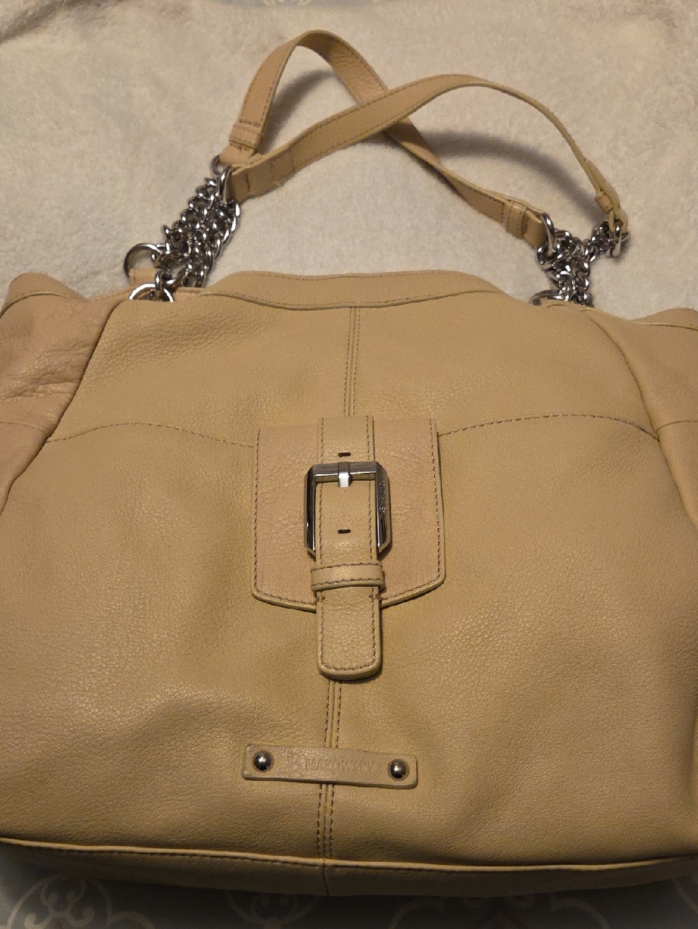 Beige Leather Shoulder Bag with Chain Strap